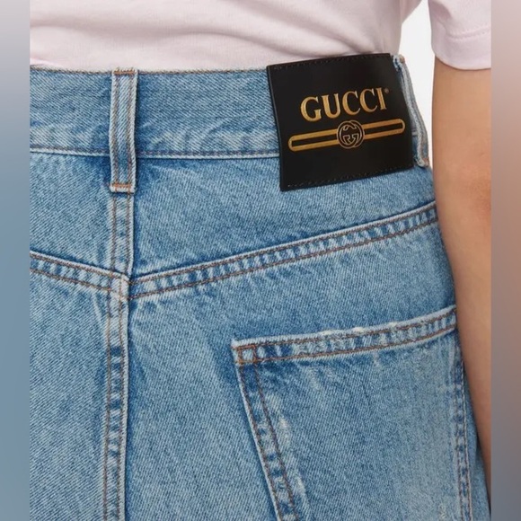 GUCCI Les Pommes High-Rise Denim Shorts - Blue - Picture 3 of 6